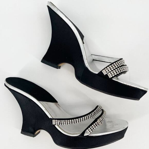 Dior Vintage Y2K Black Silver Crystal Logo Platform Wedge Sandal Mule EU 37.5 - Picture 4 of 15